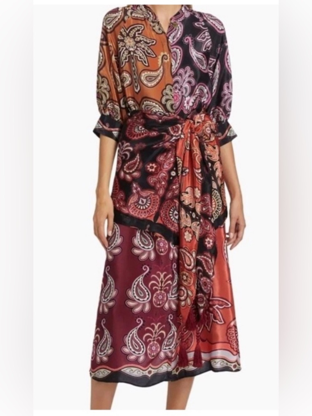 Farm Rio Paisley Satin Tie-Waist Midi Dress in Burgundy and Rust